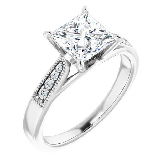 10K White Gold Customizable 9-stone Vintage Design with Princess/Square Cut Center and Round Band Accents