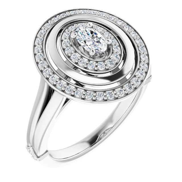 10K White Gold Customizable Oval Cut Oversized 2x Halo Style with Knuckle Accented Split Band