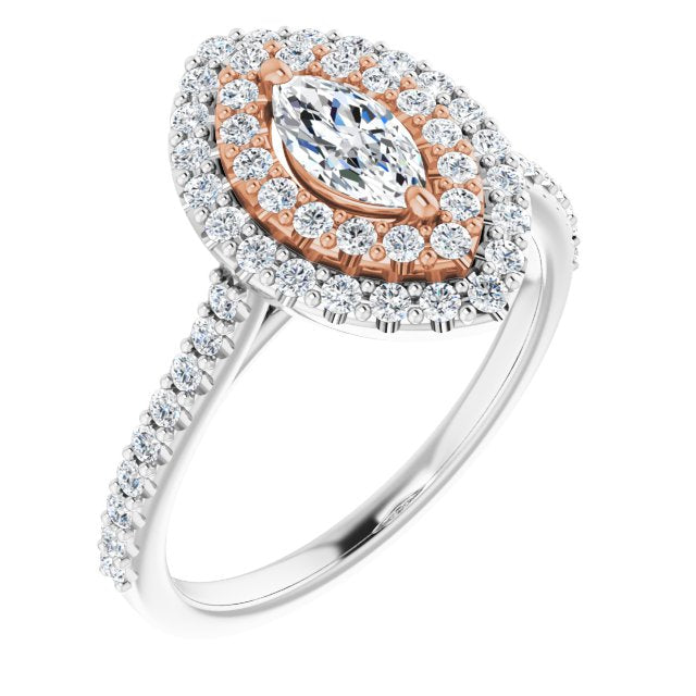 14K White & Rose Gold Customizable Double-Halo Marquise Cut Design with Accented Split Band