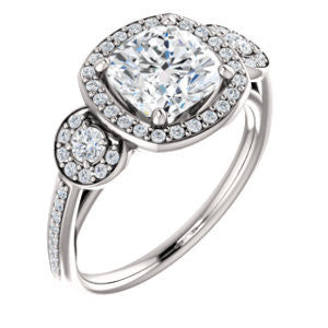 Cubic Zirconia Engagement Ring- The Téa (Cushion Cut Customizable 3-Stone Cathedral-Halo with Accented Band)