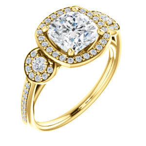Cubic Zirconia Engagement Ring- The Téa (Cushion Cut Customizable 3-Stone Cathedral-Halo with Accented Band)