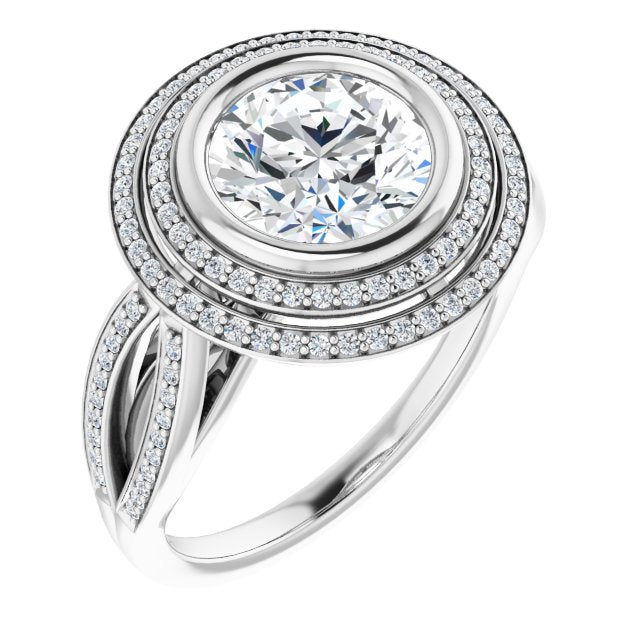 Cubic Zirconia Engagement Ring- The Eliana (Customizable Bezel-set Round Cut Style with Double Halo and Split Shared Prong Band)
