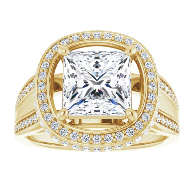 Cubic Zirconia Engagement Ring- The Deena (Customizable Halo-style Princess/Square Cut with Under-halo & Ultra-wide Band)