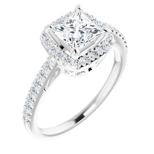 10K White Gold Customizable Cathedral-Crown Princess/Square Cut Design with Halo and Accented Band