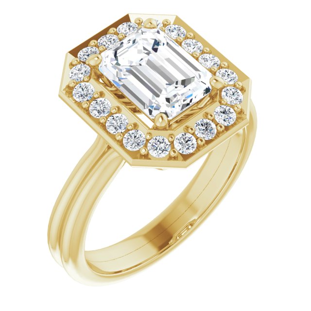 Cubic Zirconia Engagement Ring- The Gretchen (Customizable Cluster-Halo Accented Emerald Cut Style with Tapered Dual Band)