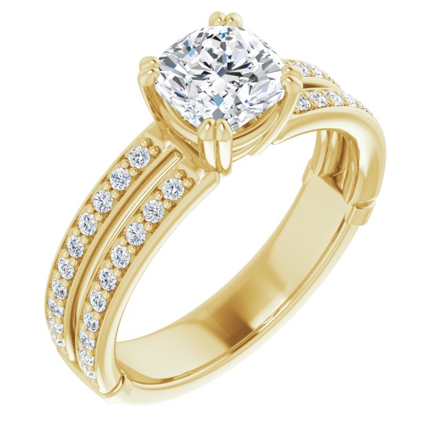 14K Yellow Gold Customizable Cushion Cut Design featuring Split Band with Accents