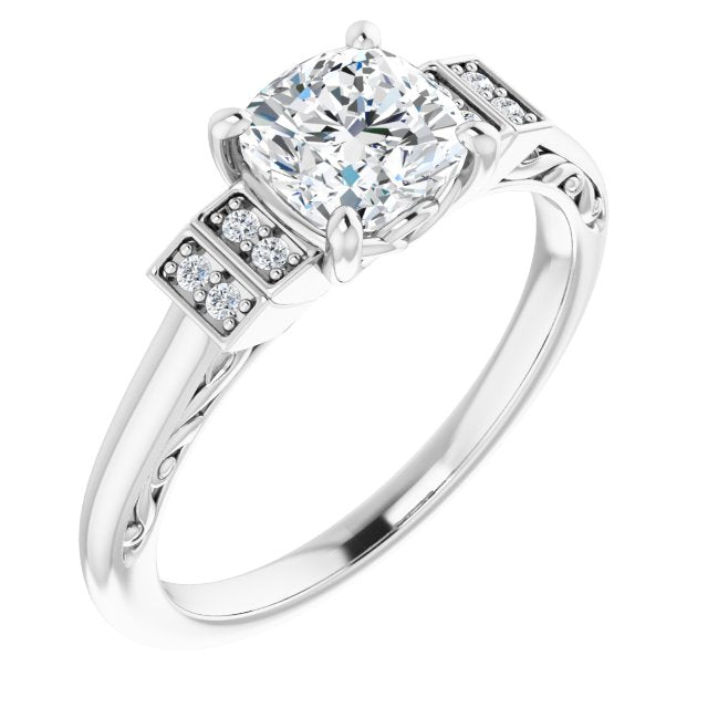10K White Gold Customizable Engraved Design with Cushion Cut Center and Perpendicular Band Accents