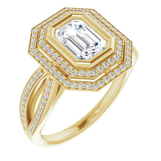 10K Yellow Gold Customizable Bezel-set Emerald/Radiant Cut Style with Double Halo and Split Shared Prong Band