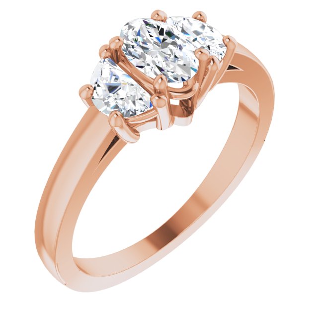 10K Rose Gold Customizable 3-stone Design with Oval Cut Center and Half-moon Side Stones
