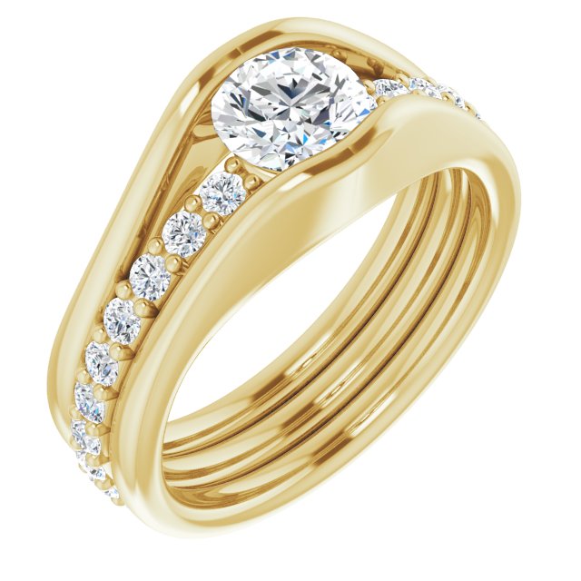 10K Yellow Gold Customizable Bezel-set Round Cut Style with Thick Pavé Band