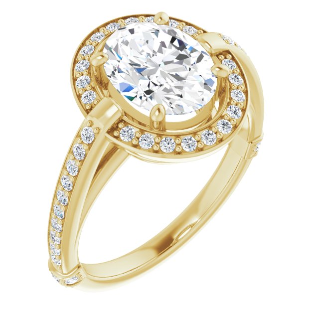 10K Yellow Gold Customizable High-Cathedral Oval Cut Design with Halo and Shared Prong Band