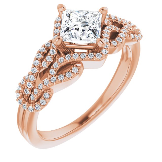 10K Rose Gold Customizable Princess/Square Cut Design with Intricate Over-Under-Around Pavé Accented Band