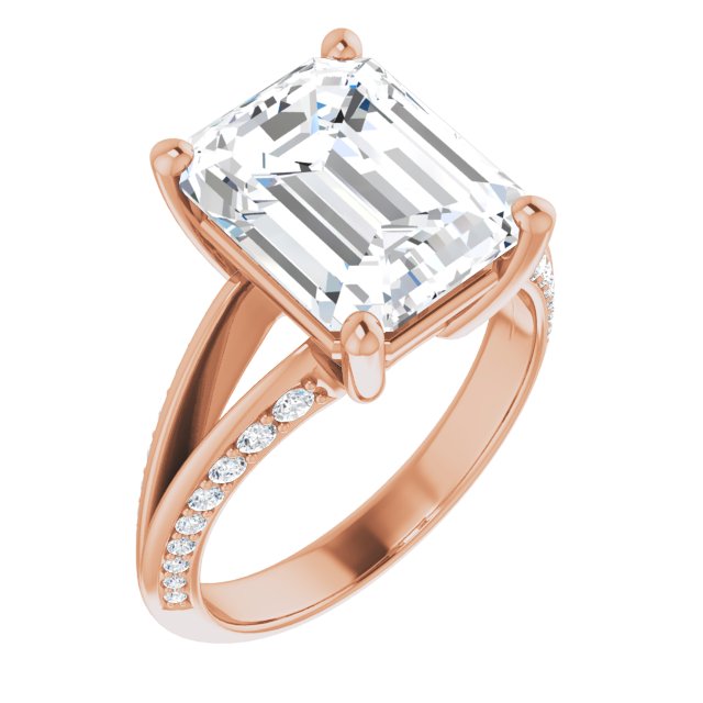10K Rose Gold Customizable Emerald/Radiant Cut Center with 4-sided-Accents Knife-Edged Split-Band