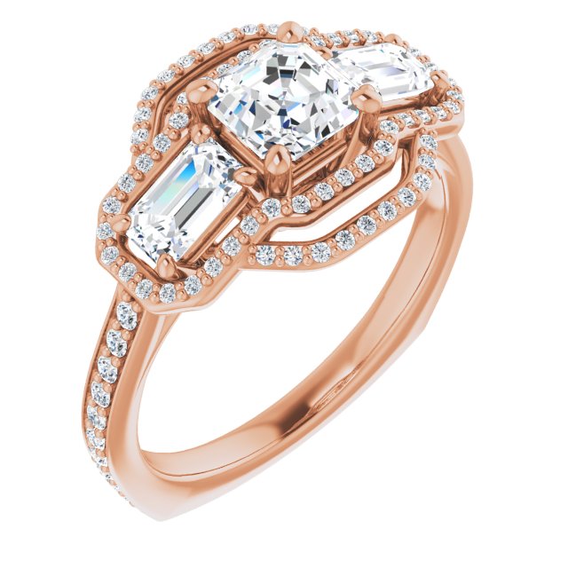 10K Rose Gold Customizable Enhanced 3-stone Style with Asscher Cut Center, Emerald Cut Accents, Double Halo and Thin Shared Prong Band