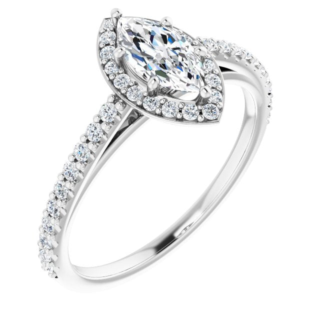 10K White Gold Customizable Marquise Cut Design with Halo and Thin Pavé Band