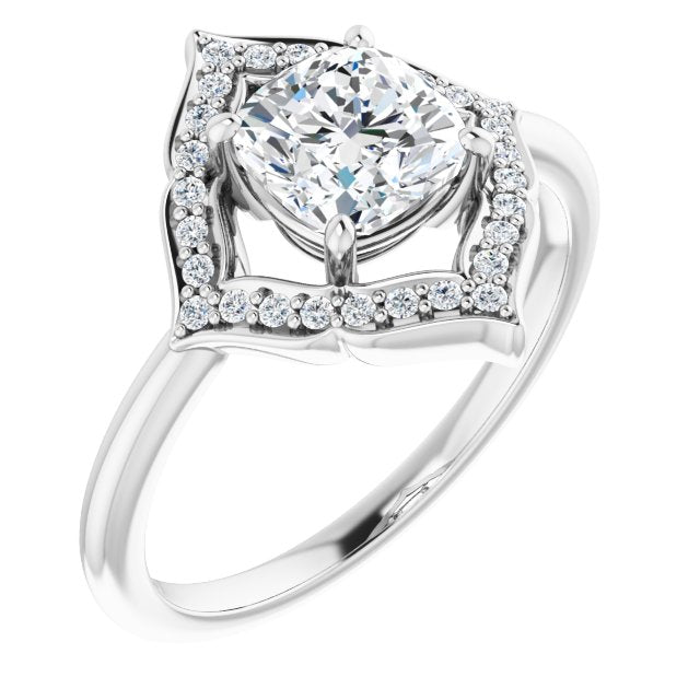 10K White Gold Customizable Cushion Cut Style with Artistic Equilateral Halo and Ultra-thin Band
