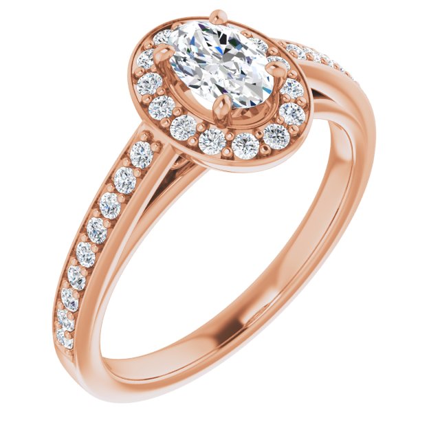 10K Rose Gold Customizable Oval Cut Style with Halo and Sculptural Trellis