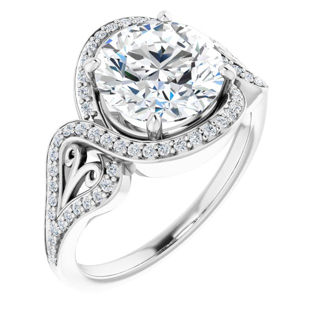 14K White Gold Customizable Round Cut Design with Bypass Halo and Split-Shared Prong Band