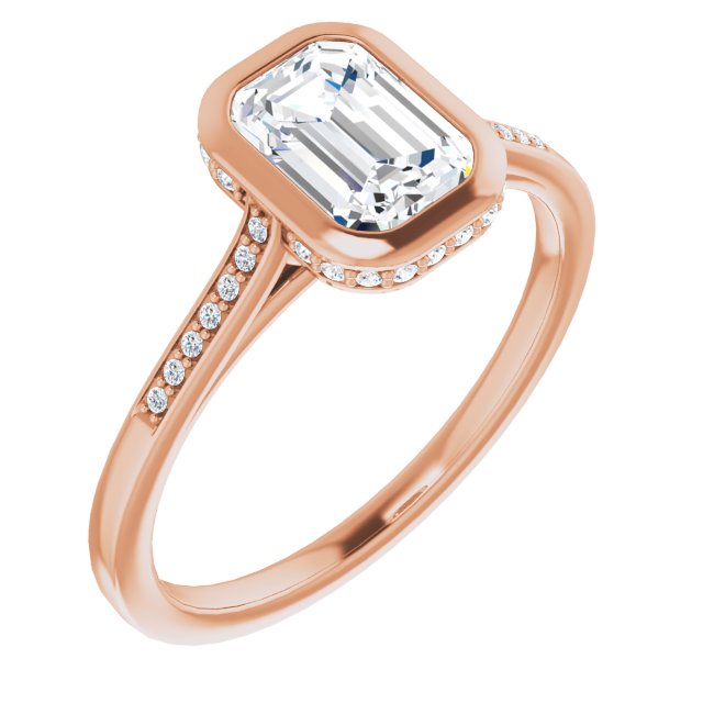 10K Rose Gold Customizable Cathedral-Bezel Emerald/Radiant Cut Style with Under-halo and Shared Prong Band