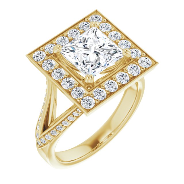 10K Yellow Gold Customizable Princess/Square Cut Center with Large-Accented Halo and Split Shared Prong Band
