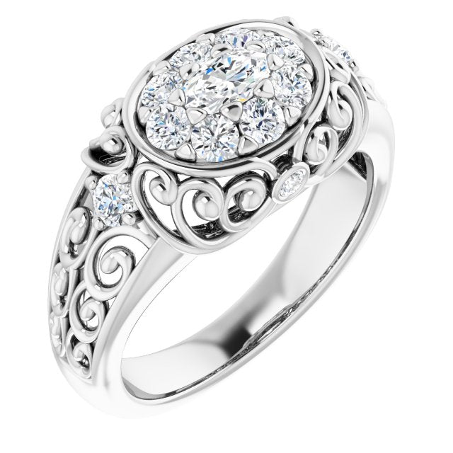 10K White Gold Customizable Oval Cut Halo Style with Round Prong Side Stones and Intricate Metalwork