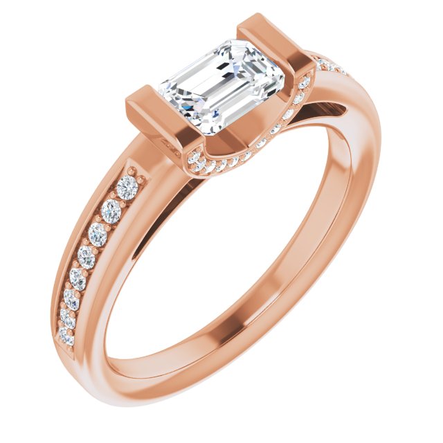 10K Rose Gold Customizable Cathedral-Bar Emerald/Radiant Cut Design featuring Shared Prong Band and Prong Accents