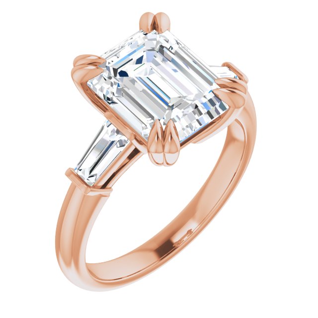 10K Rose Gold Customizable 3-stone Emerald/Radiant Cut Design with Tapered Baguettes