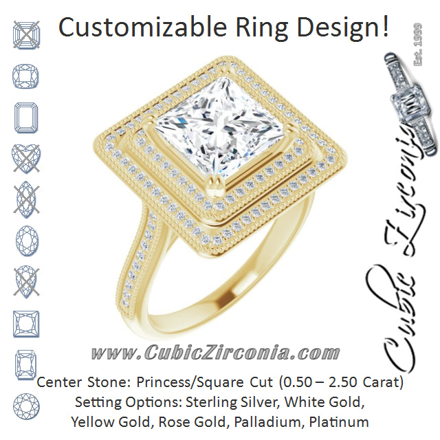 Cubic Zirconia Engagement Ring- The Aubriella (Customizable Princess/Square Cut Design with Elegant Double Halo, Houndstooth Milgrain and Band-Channel Accents)