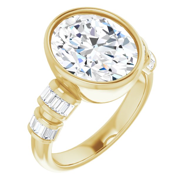 10K Yellow Gold Customizable Bezel-set Oval Cut Design with Quad Horizontal Band Sleeves of Baguette Accents