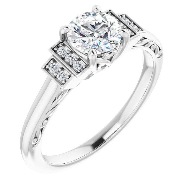 10K White Gold Customizable Engraved Design with Round Cut Center and Perpendicular Band Accents