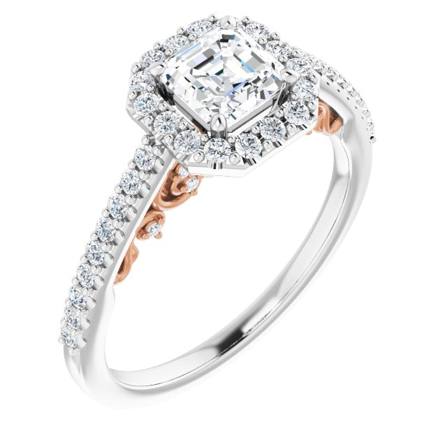14K White & Rose Gold Customizable Cathedral-Halo Asscher Cut Design with Carved Metal Accent plus Pavé Band