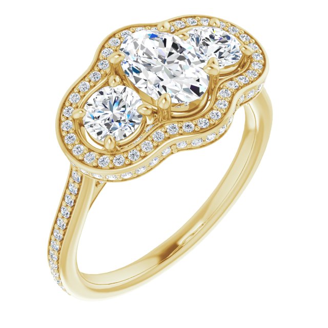 10K Yellow Gold Customizable 3-stone Oval Cut Design with Multi-Halo Enhancement and 150+-stone Pavé Band