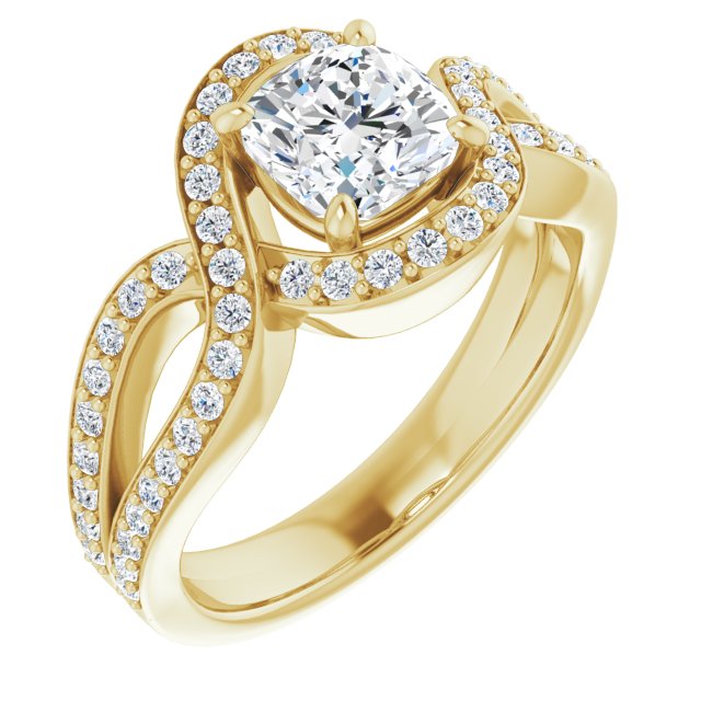 10K Yellow Gold Customizable Cushion Cut Center with Infinity-inspired Split Shared Prong Band and Bypass Halo