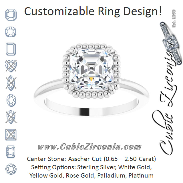 Cubic Zirconia Engagement Ring- The Jubilee (Customizable Asscher Cut Solitaire with Beaded Metallic Milgrain)
