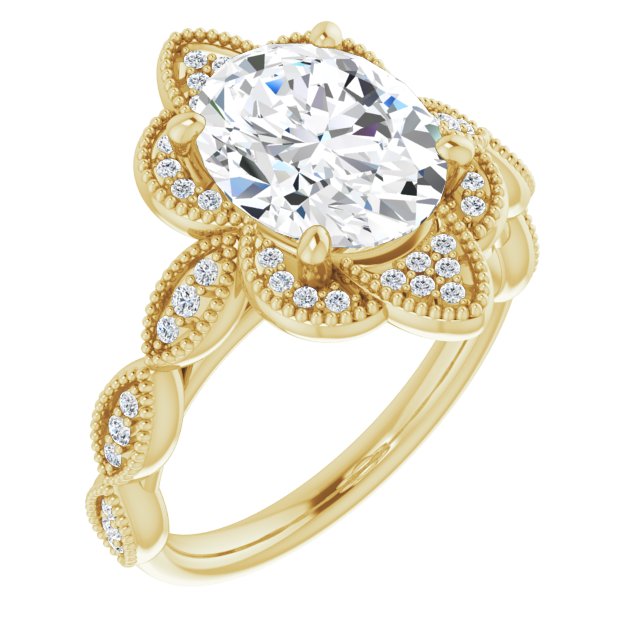 10K Yellow Gold Customizable Cathedral-style Oval Cut Design with Floral Segmented Halo & Milgrain+Accents Band