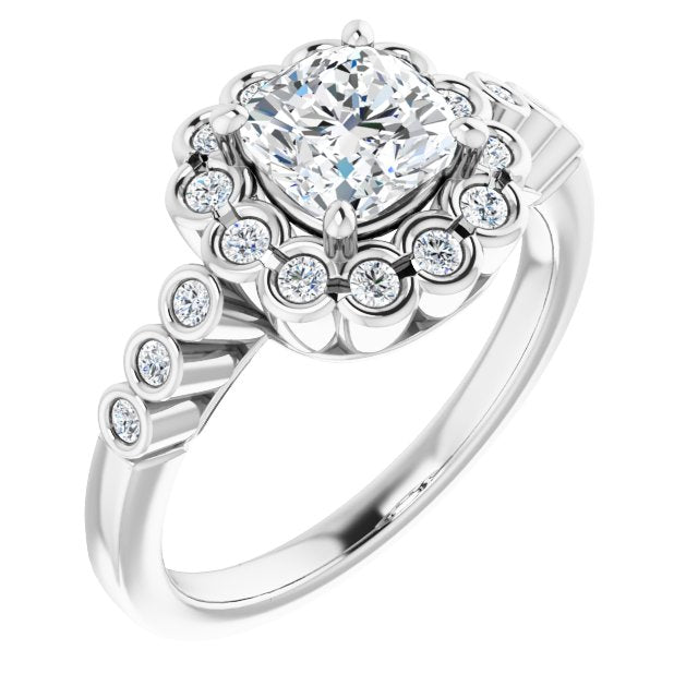 10K White Gold Customizable Cushion Cut Design with Round-bezel Halo and Band Accents