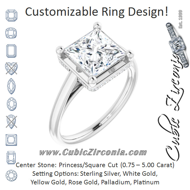 Cubic Zirconia Engagement Ring- The Romina Salomé (Customizable Super-Cathedral Princess/Square Cut Design with Hidden-stone Under-halo Trellis)