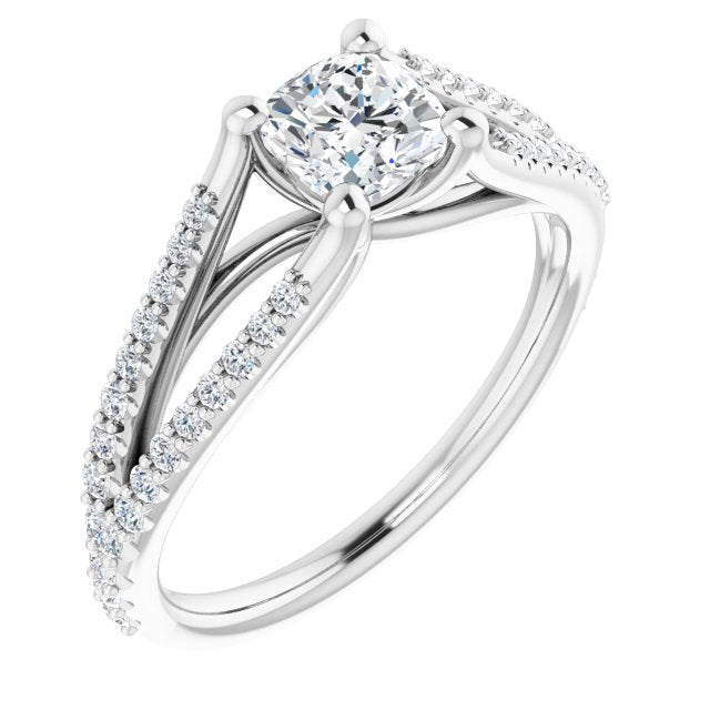 10K White Gold Customizable Cathedral-raised Cushion Cut Center with Exquisite Accented Split-band