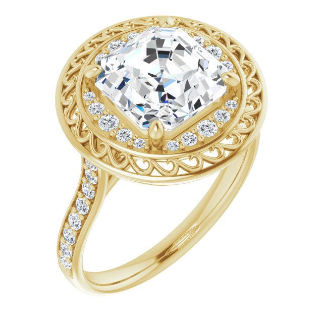 10K Yellow Gold Customizable Cathedral-style Asscher Cut featuring Cluster Accented Filigree Setting & Shared Prong Band