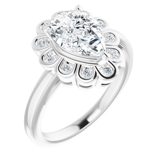 Cubic Zirconia Engagement Ring- The Mary Lou (Customizable 9-stone Pear Cut Design with Round Bezel Side Stones)