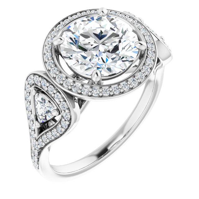 Platinum Customizable Cathedral-set Round Cut Design with 2 Trillion Cut Accents, Halo and Split-Shared Prong Band