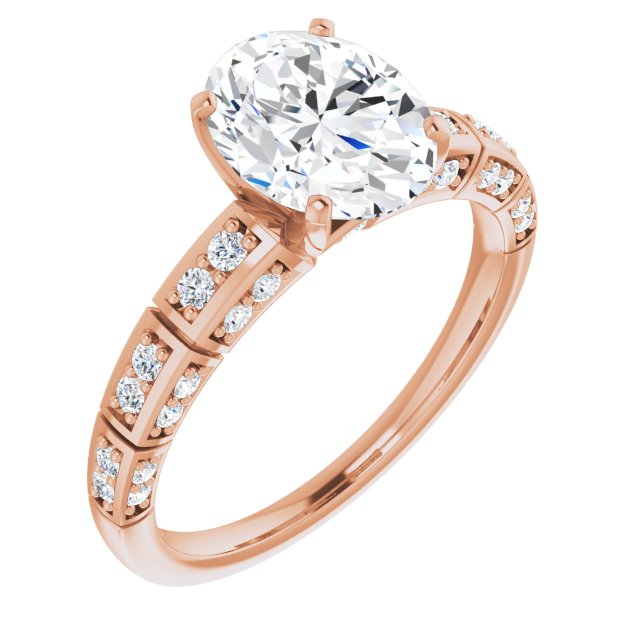 10K Rose Gold Customizable Oval Cut Style with Three-sided, Segmented Shared Prong Band