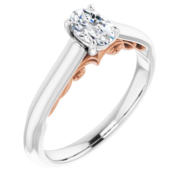 14K White & Rose Gold Customizable Oval Cut Cathedral Solitaire with Two-Tone Option Decorative Trellis 'Down Under'