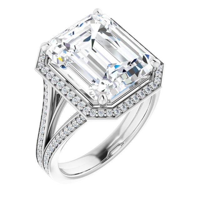 10K White Gold Customizable Emerald/Radiant Cut Design with Split-Band Shared Prong & Halo