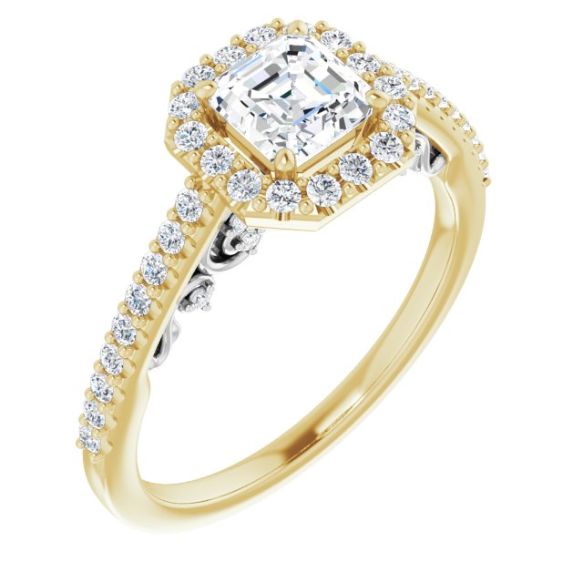 14K Yellow & White Gold Customizable Cathedral-Halo Asscher Cut Design with Carved Metal Accent plus Pavé Band