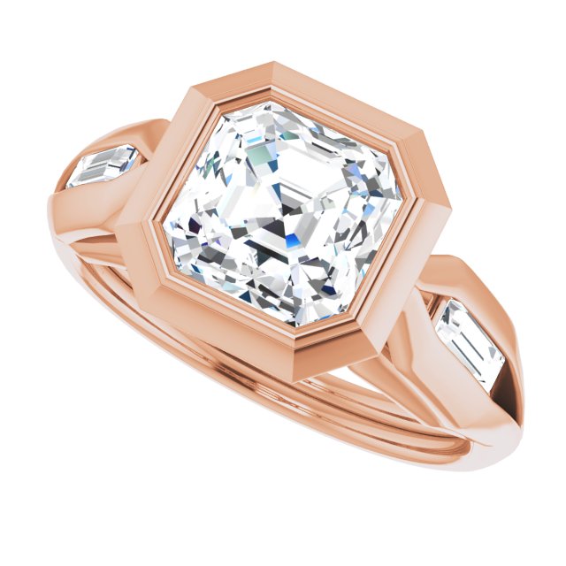Cubic Zirconia Engagement Ring- The Claudelle (Customizable Bezel-set Asscher Cut Design with Wide Split Band & Tension-Channel Baguette Accents)