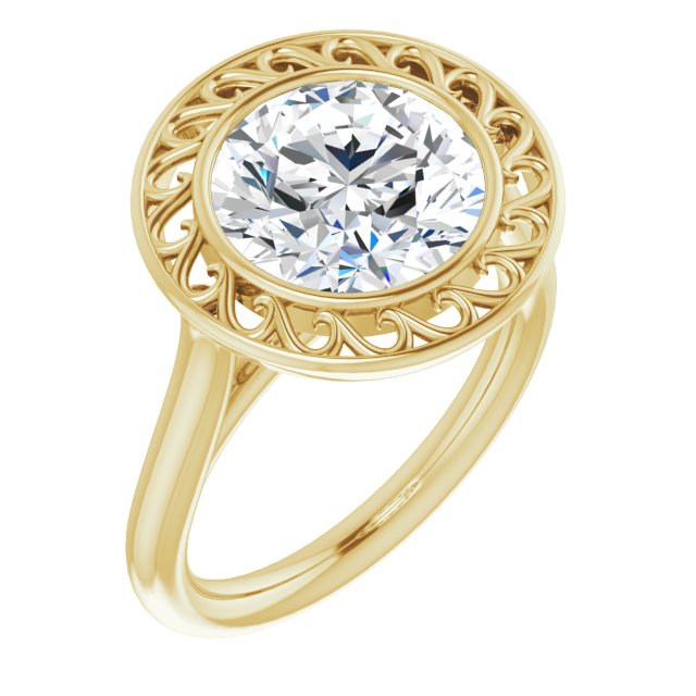 10K Yellow Gold Customizable Cathedral-Bezel Style Round Cut Solitaire with Flowery Filigree