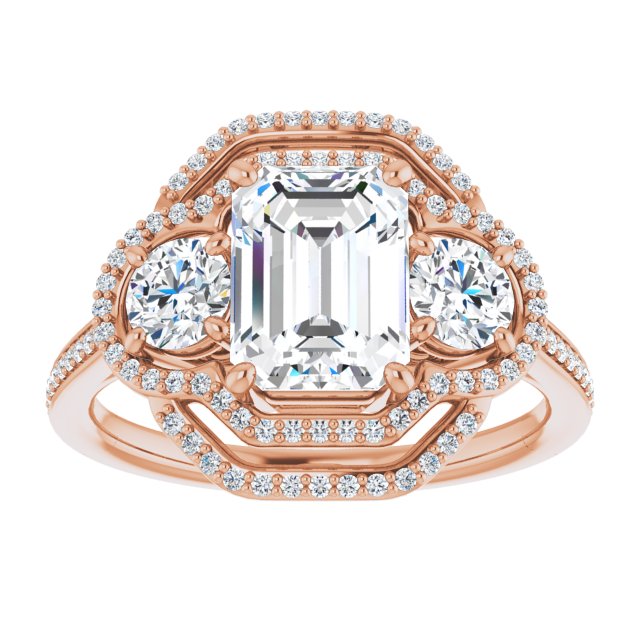 Cubic Zirconia Engagement Ring- The e'Mariana (Customizable Enhanced 3-stone Double-Halo Style with Emerald Cut Center and Thin Band)