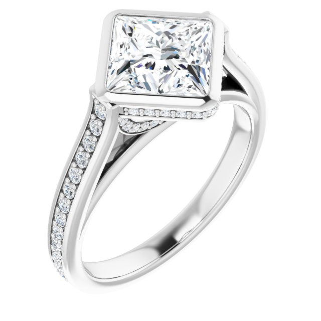 10K White Gold Customizable Cathedral-Bezel Princess/Square Cut Design with Under Halo and Shared Prong Band