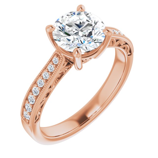 10K Rose Gold Customizable Round Cut Design with Round Band Accents and Three-sided Filigree Engraving